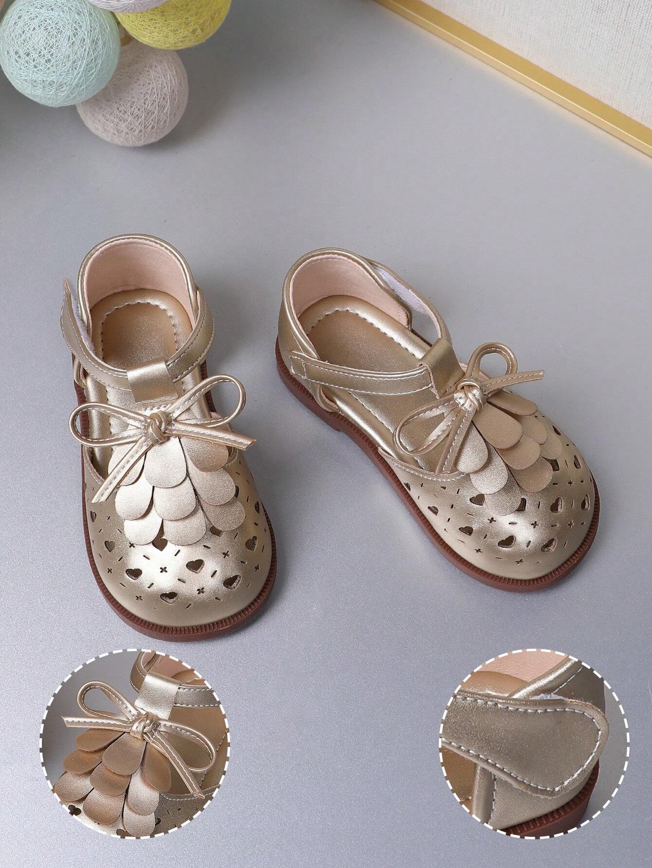 Baby Girls Mary Jane Shoes, Hollow Out Heart-Shaped With Gold Tassel Bowknot Gold