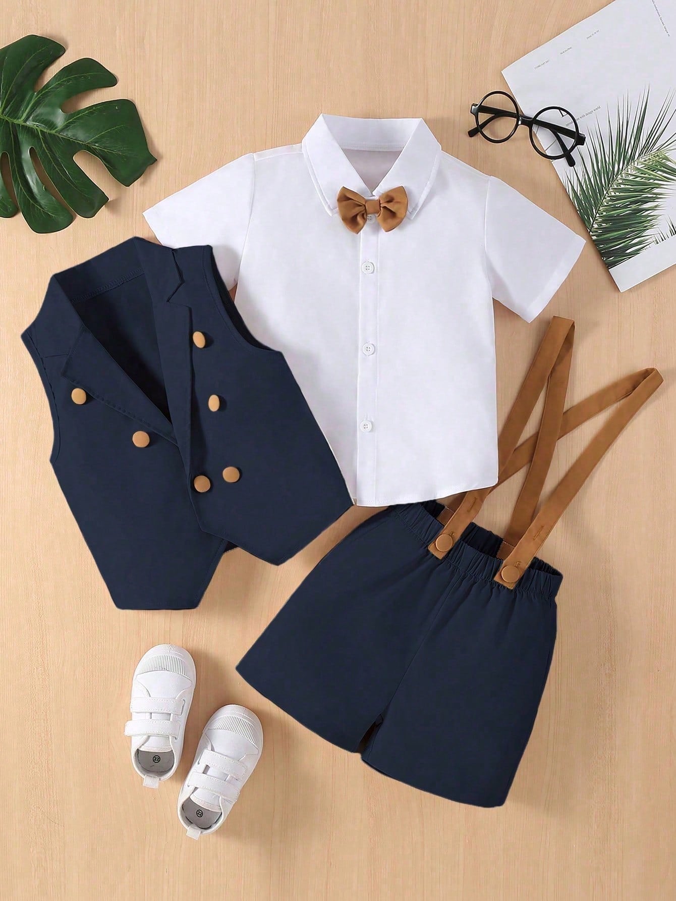 Young Boy Bow Front Shirt Vest Blazer And Suspender Shorts Set