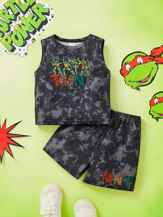 Baby Boy Tie Dye Cool Cartoon Graphic Tank Top And Shorts Dark Grey