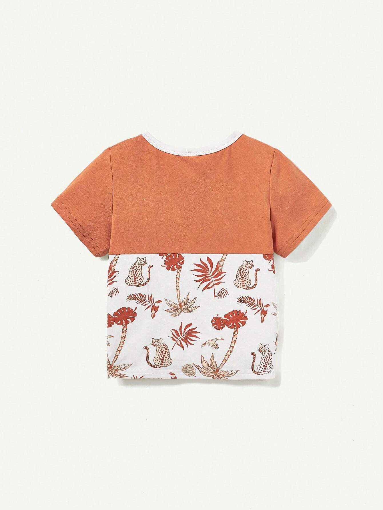 Baby Boy Casual Color Block Round Neck Short-Sleeve T-Shirt With Plant & Floral Print + Solid Shorts