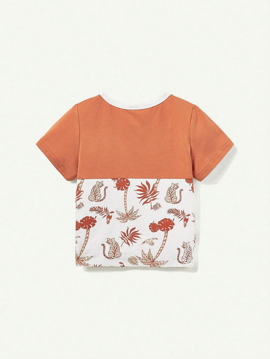 Baby Boy Casual Color Block Round Neck Short-Sleeve T-Shirt With Plant & Floral Print + Solid Shorts