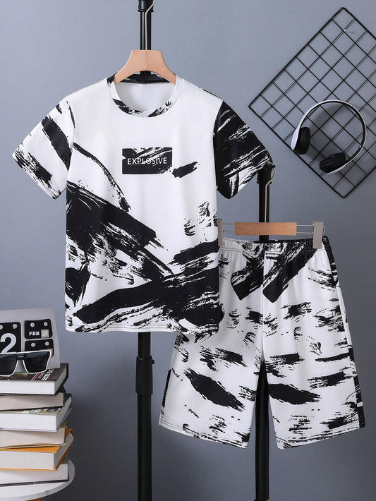 Tween Boy Fashionable Graffiti Ink Print Short Sleeve Tee & Shorts Set White