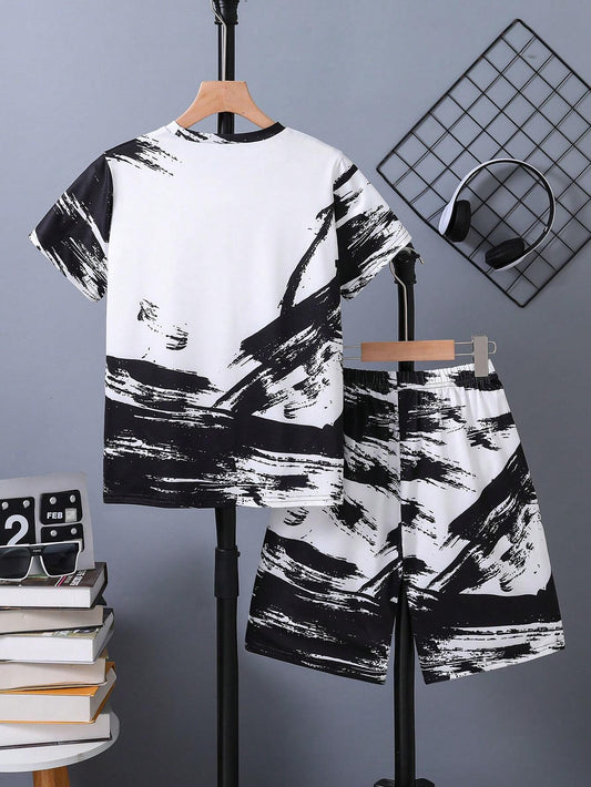Tween Boy Fashionable Graffiti Ink Print Short Sleeve Tee & Shorts Set