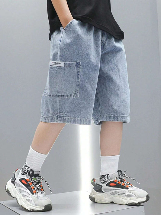 1pc Tween Boy Loose Letter Patched Pocket Casual Denim Shorts Blue