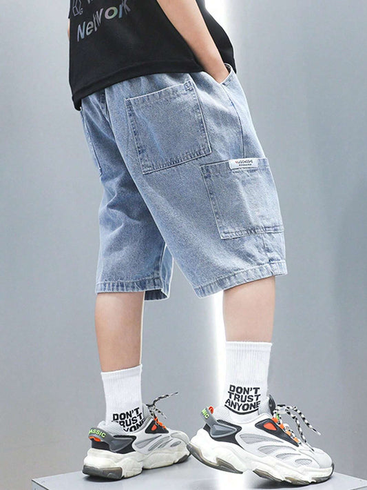 1pc Tween Boy Loose Letter Patched Pocket Casual Denim Shorts