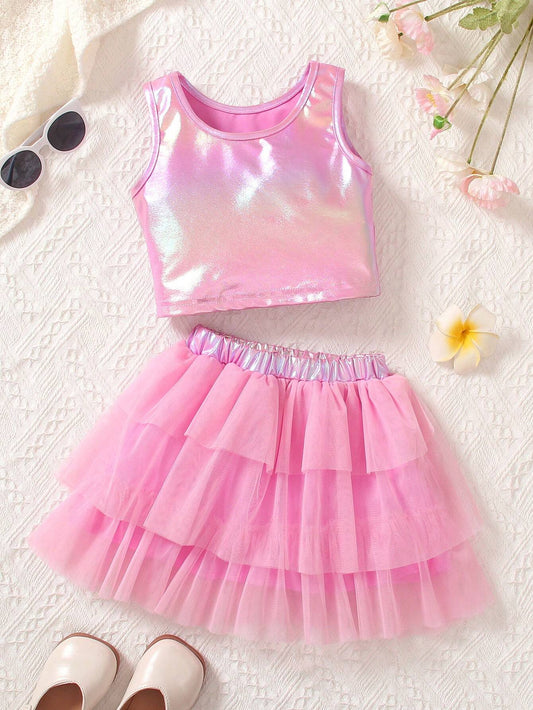 Young Girl Fashionable And Cute Pink Ombre Vest And Gauze Skirt Set Pink