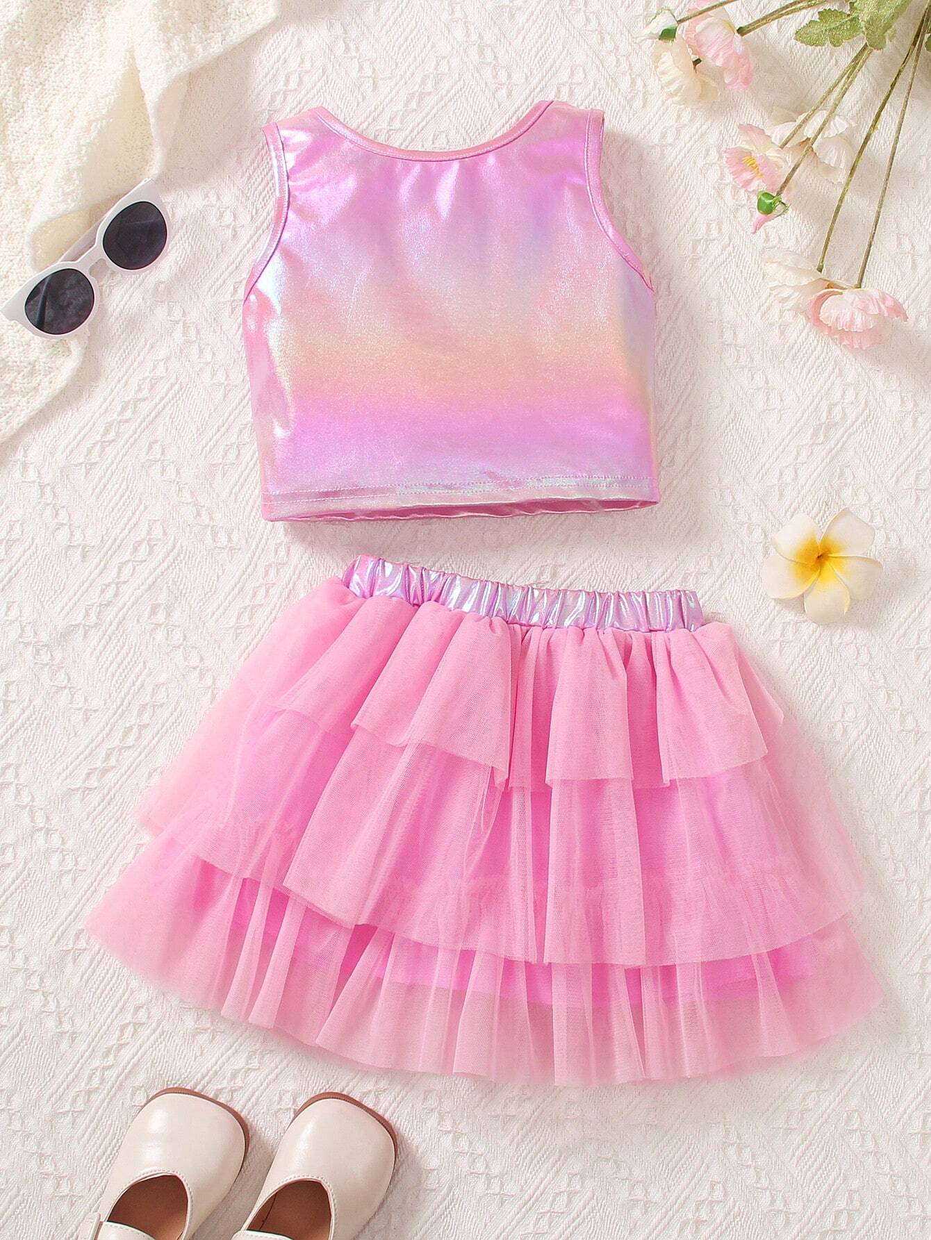 Young Girl Fashionable And Cute Pink Ombre Vest And Gauze Skirt Set