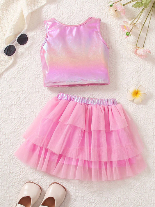 Young Girl Fashionable And Cute Pink Ombre Vest And Gauze Skirt Set