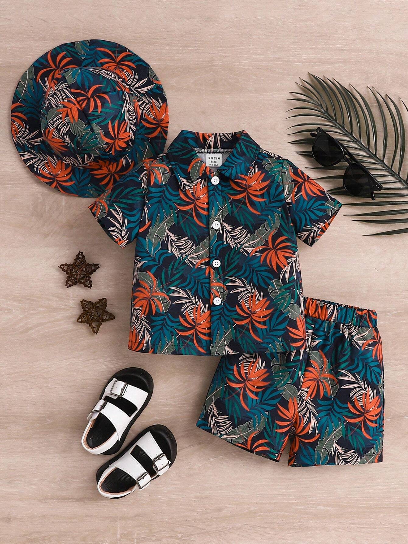Baby Boys' Fashionable Tropical Plant/Flower Pattern Printed Shirt Collared Top And Shorts With Hat 6-9M