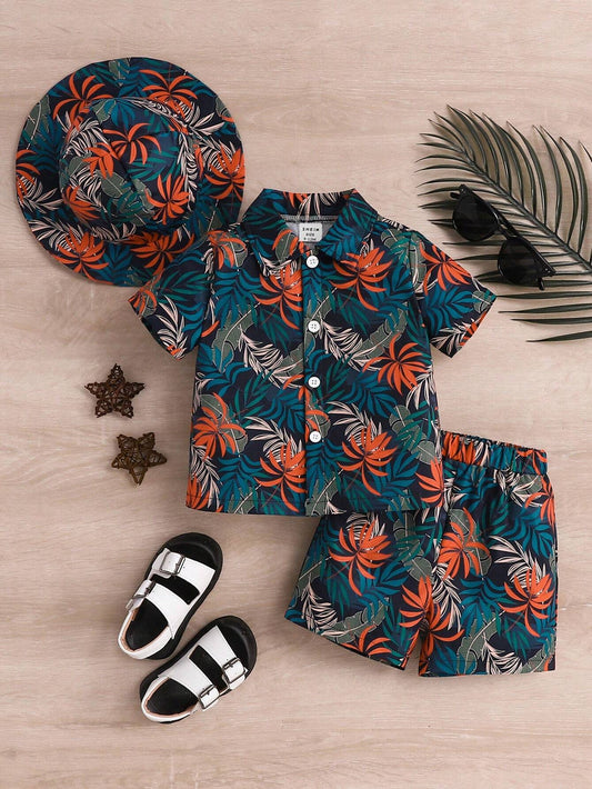 Baby Boys' Fashionable Tropical Plant/Flower Pattern Printed Shirt Collared Top And Shorts With Hat 6-9M