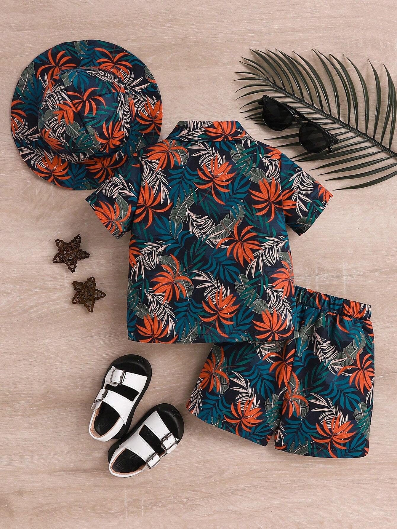 Baby Boys' Fashionable Tropical Plant/Flower Pattern Printed Shirt Collared Top And Shorts With Hat