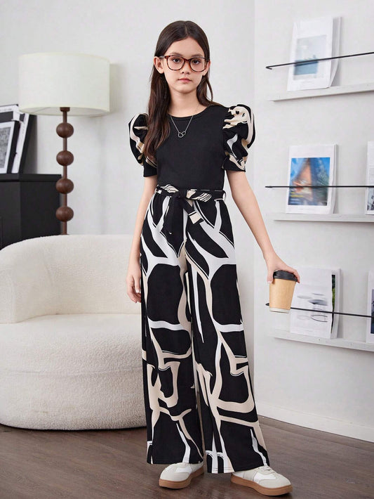 Tween Girl Casual Knit Patchwork Ditsy Floral Round Neck Short Sleeve Top And Straight-Leg Pants Black & White