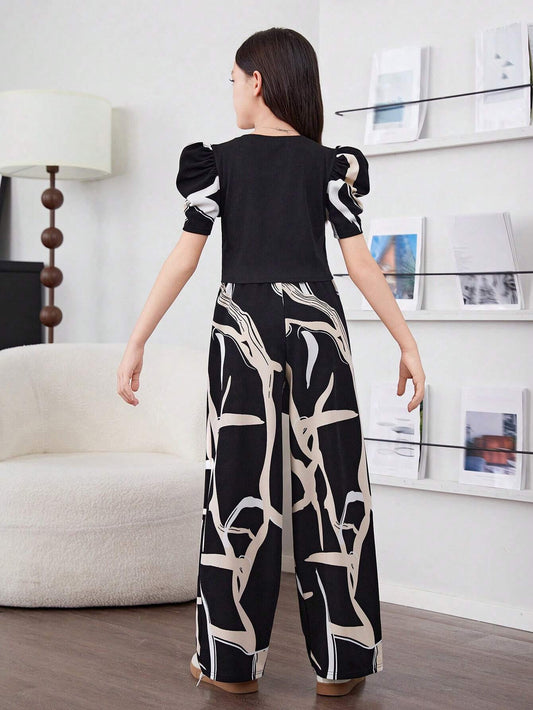 Tween Girl Casual Knit Patchwork Ditsy Floral Round Neck Short Sleeve Top And Straight-Leg Pants