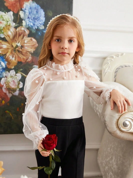 Young Girl Casual Pearl Decorated Stand Collar Blouse With See-Through Flare Sleeves White