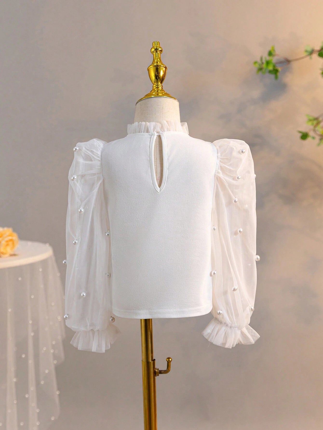 Young Girl Casual Pearl Decorated Stand Collar Blouse With See-Through Flare Sleeves