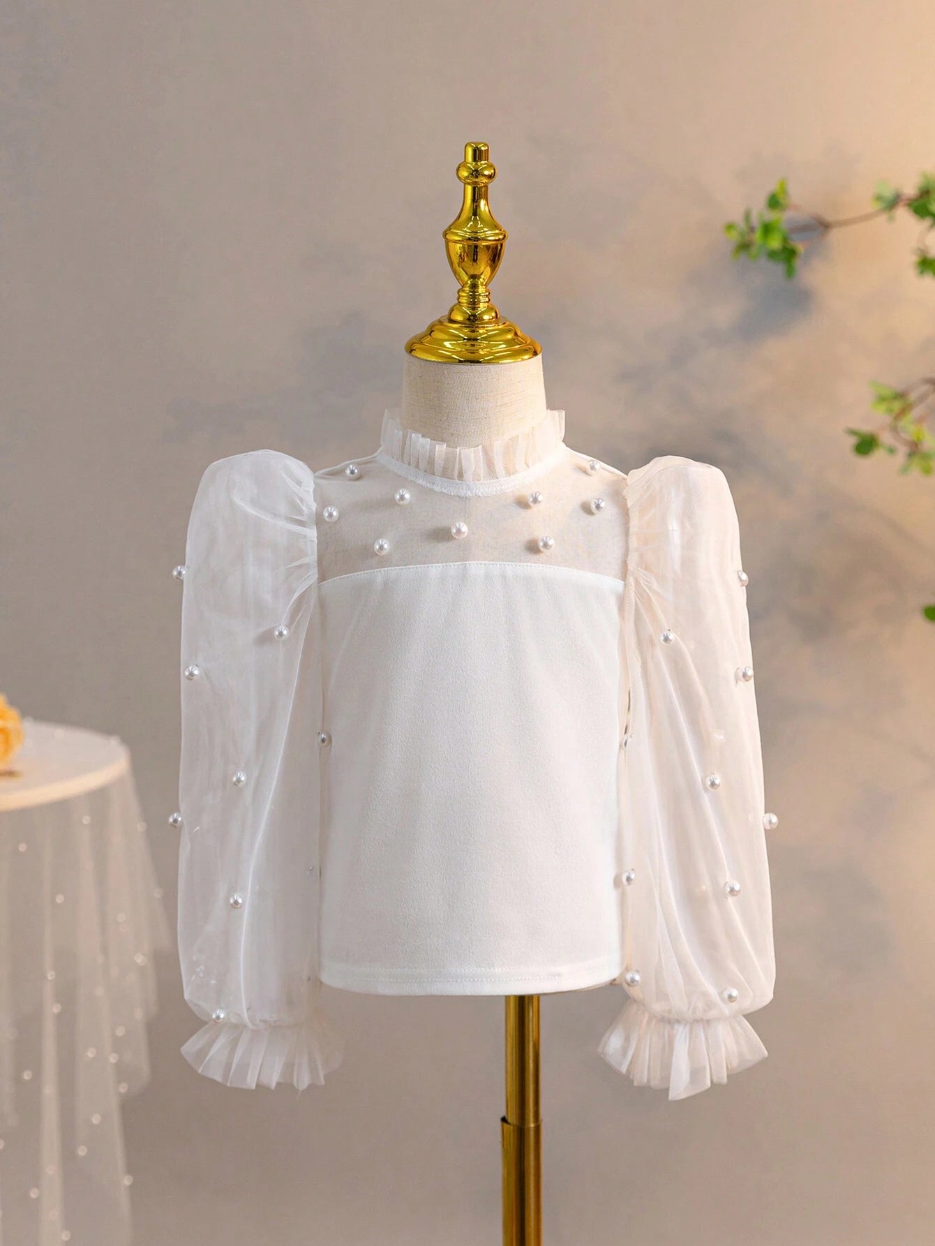 Young Girl Casual Pearl Decorated Stand Collar Blouse With See-Through Flare Sleeves
