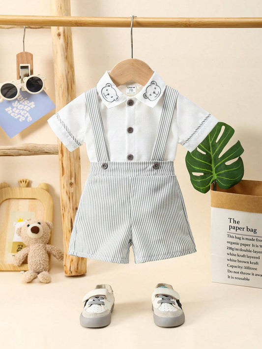 Baby Boys' Bear Printed Decor Short Sleeve T-Shirt And Striped Overalls Set Green