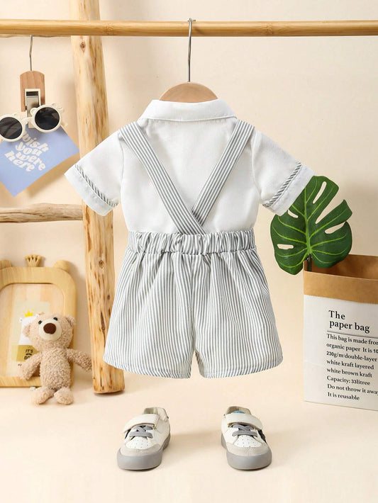 Baby Boys' Bear Printed Decor Short Sleeve T-Shirt And Striped Overalls Set