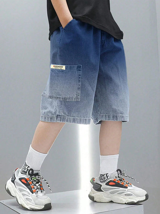 Tween Boy 1pc Casual Loose Fit Denim Shorts With Printed Label Dark Wash
