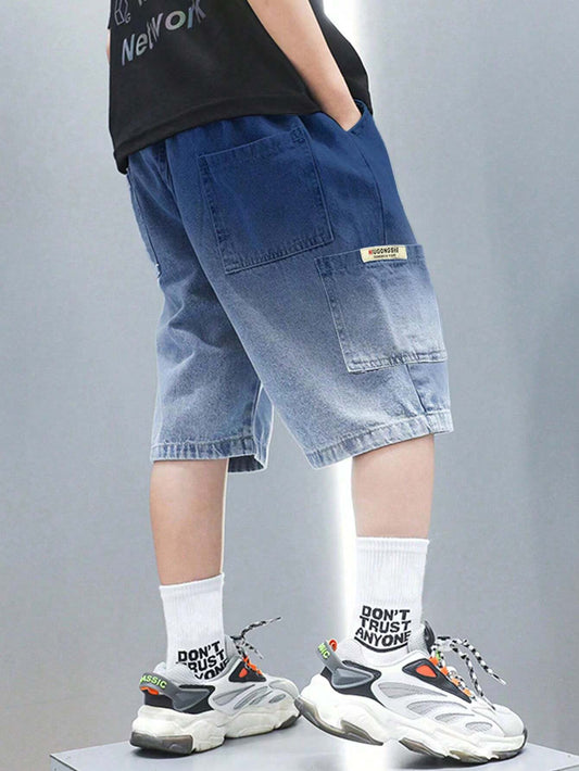 Tween Boy 1pc Casual Loose Fit Denim Shorts With Printed Label