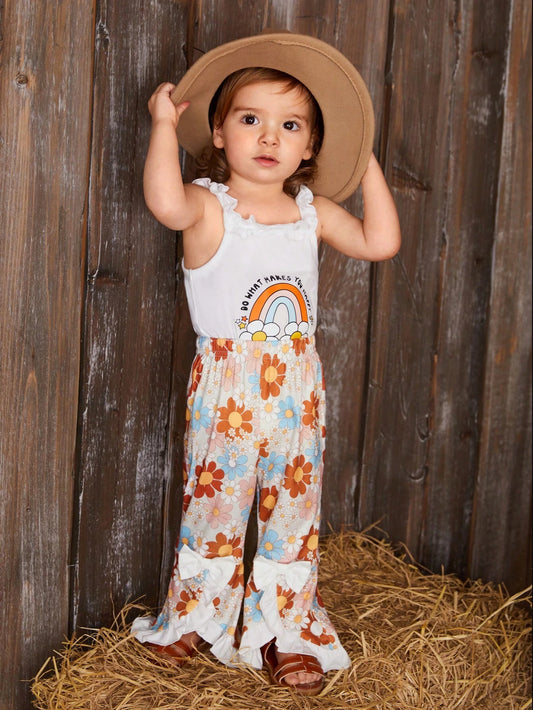 Wildeya Baby Girl Cartoon Printed Ruffle Strap Sleeveless Jumpsuit And Floral Printed Pants White 2-3Y