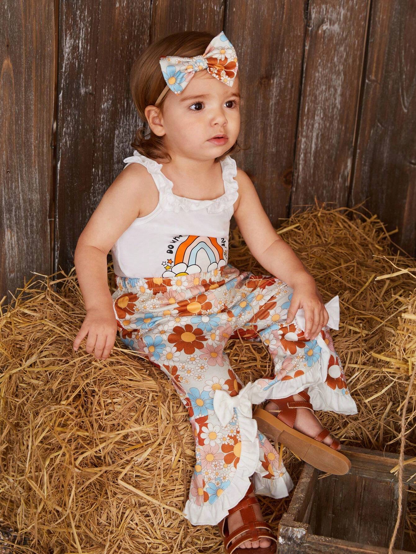Wildeya Baby Girl Cartoon Printed Ruffle Strap Sleeveless Jumpsuit And Floral Printed Pants