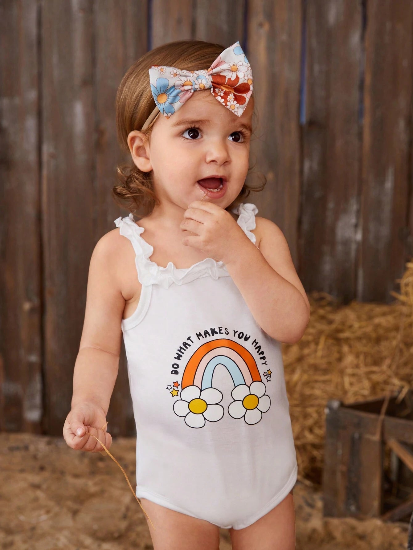 Baby Girl Cartoon Printed Ruffle Strap Sleeveless Jumpsuit And Floral Printed Pants Set