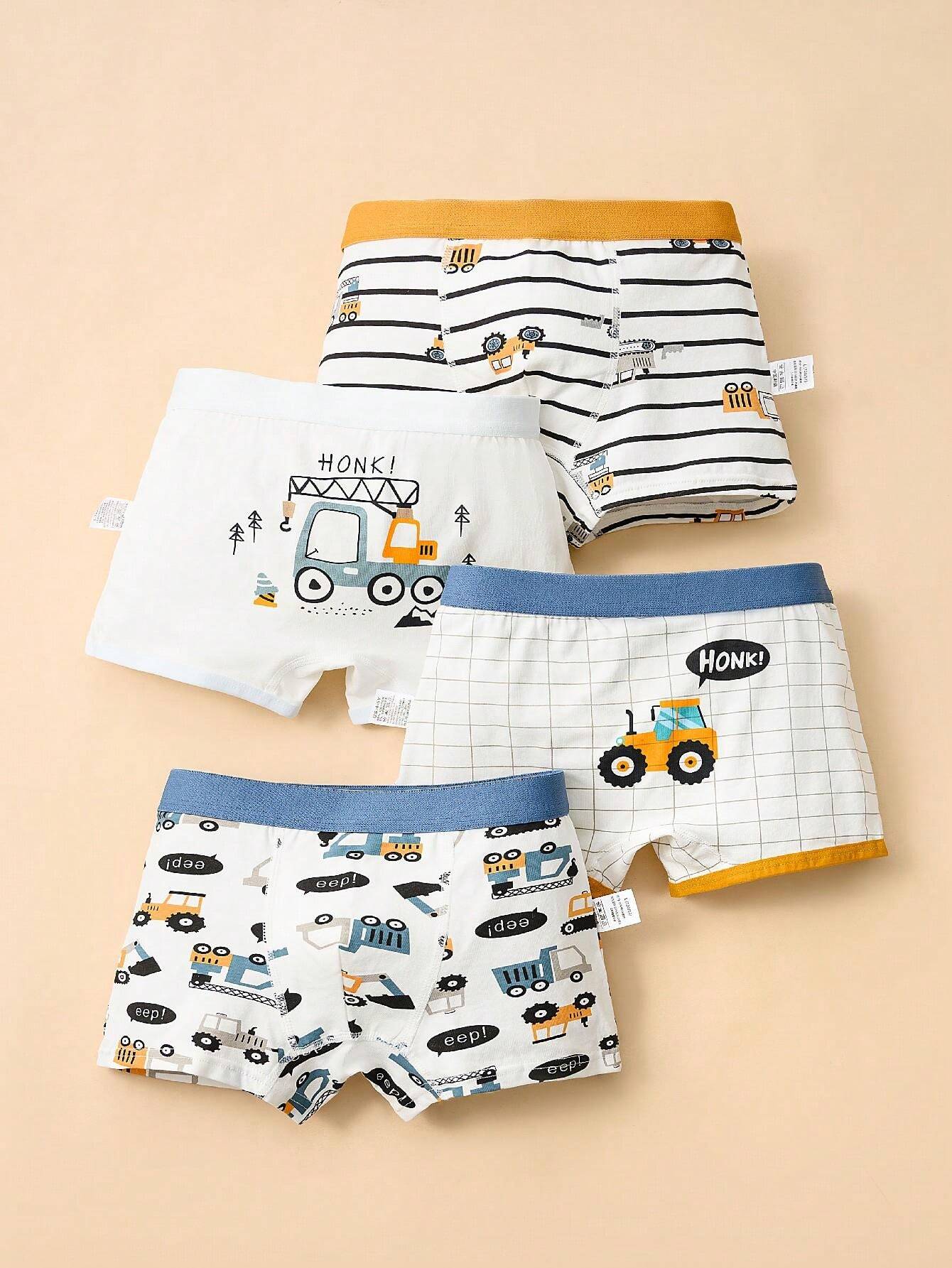 4pcs/Pack Young Boy Construction Vehicle Printed Boxer Briefs Yellow