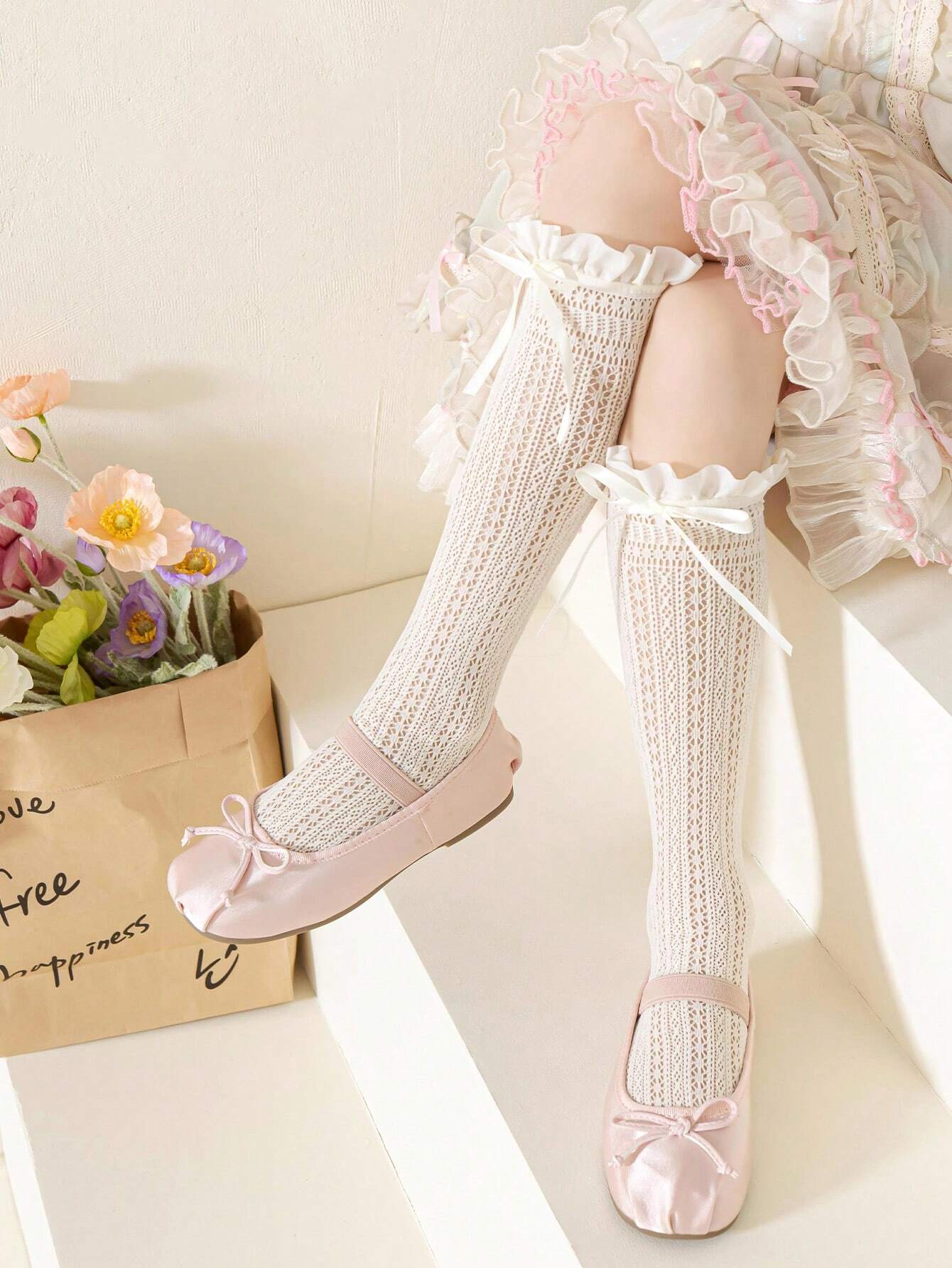 1pair Spring/Summer Girls' Mid-Calf Socks, Thin Lace Trimmed Socks With Bowknot