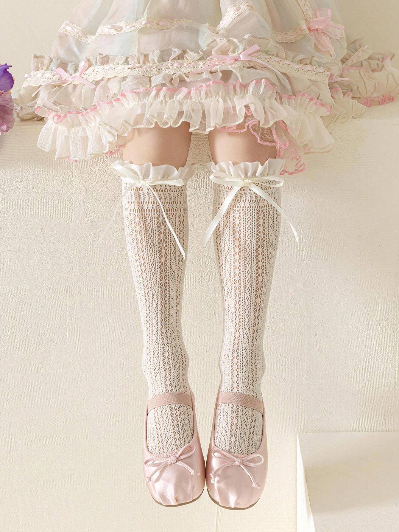1pair Spring/Summer Girls' Mid-Calf Socks, Thin Lace Trimmed Socks With Bowknot