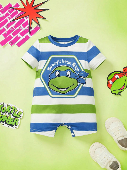 Baby Boy Striped Colorblock Fun Cartoon Graphic Romper Multicolor