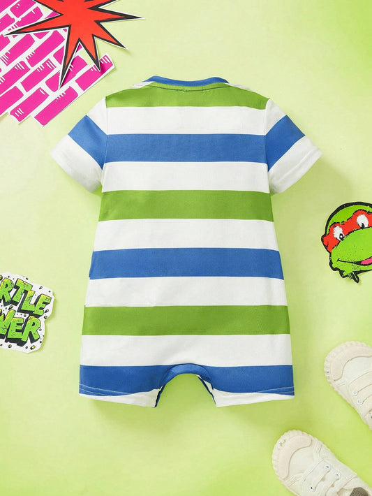 Baby Boy Striped Colorblock Fun Cartoon Graphic Romper