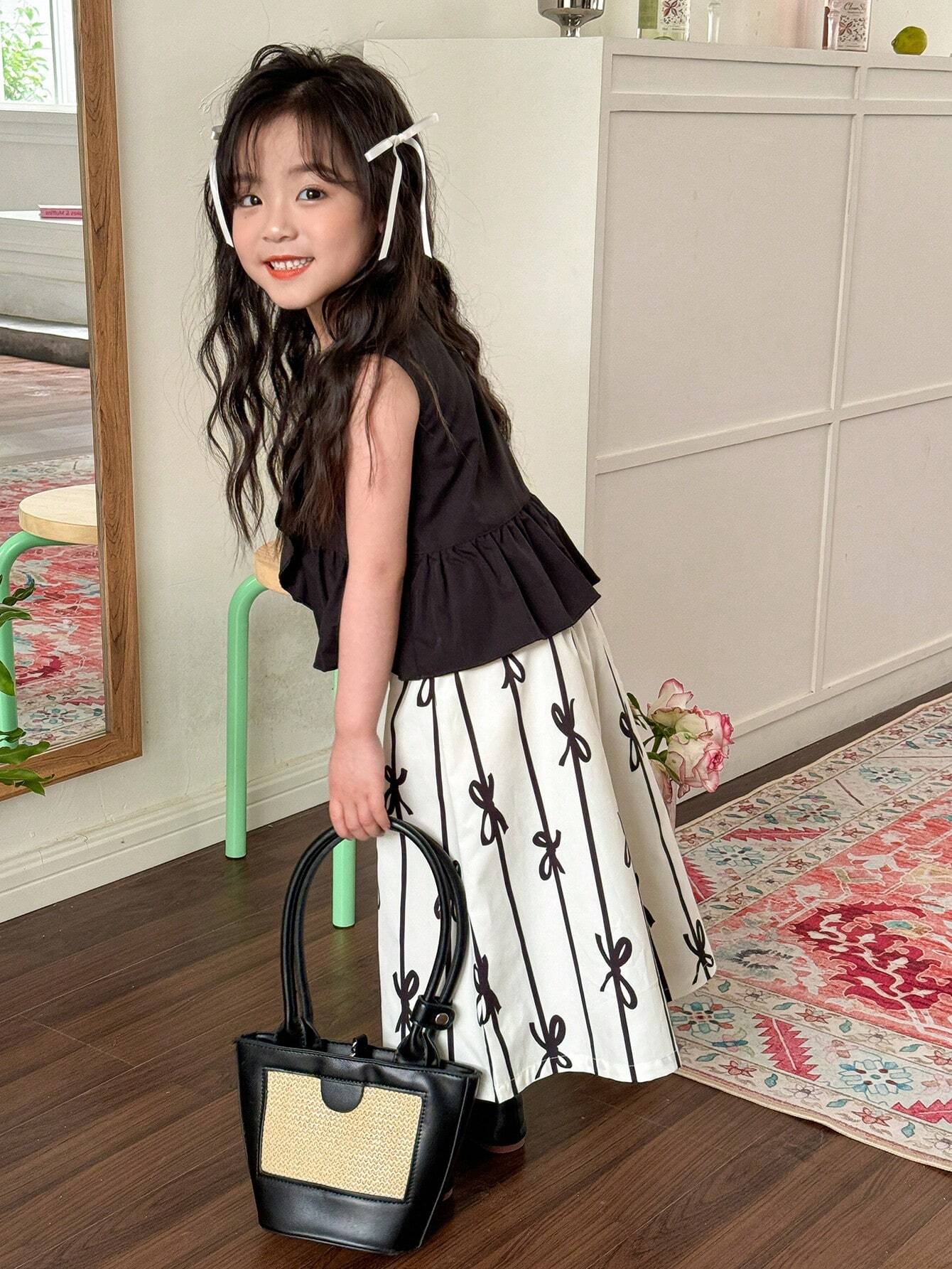 Young Girl Solid Color Round Neck Sleeveless Top With Ruffled Hem And All-Over Print Long Pants