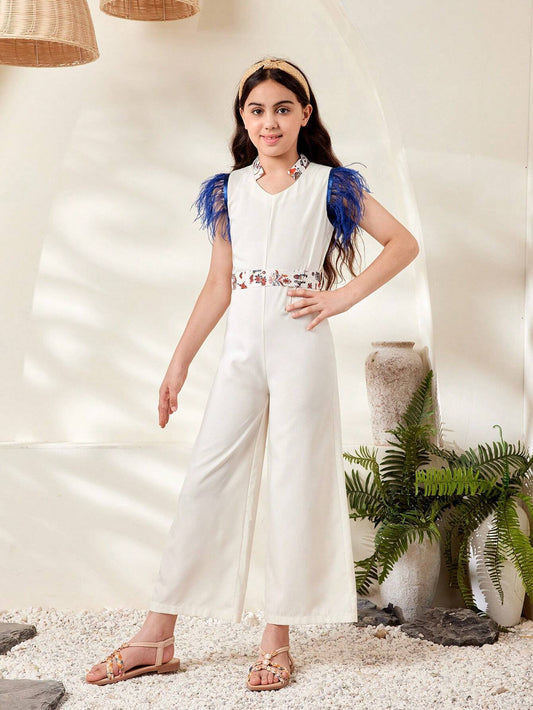 Tween Girl Casual Elegant Holiday Patchwork Fuzzy Colorblock Jumpsuit With Waist Belt Apricot