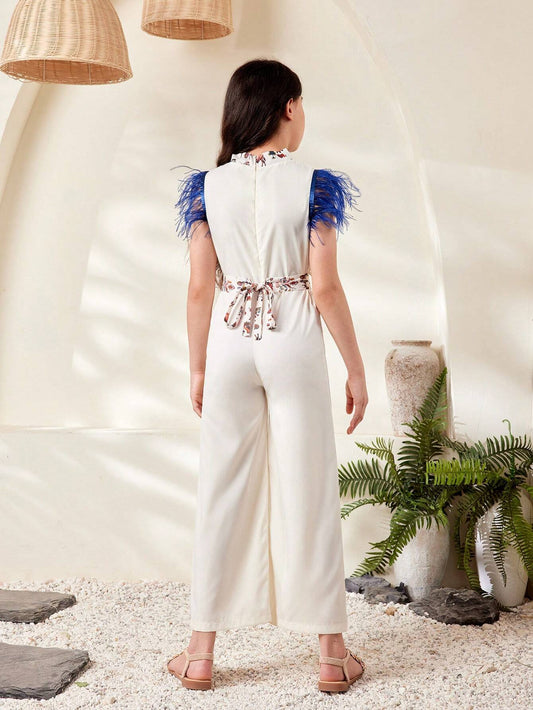 Tween Girl Casual Elegant Holiday Patchwork Fuzzy Colorblock Jumpsuit With Waist Belt