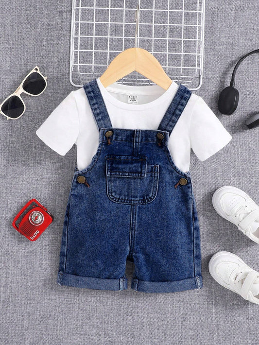 Baby Boy Casual Vintage Washed Flap Pocket Overalls Denim Overalls Romper Dark Wash