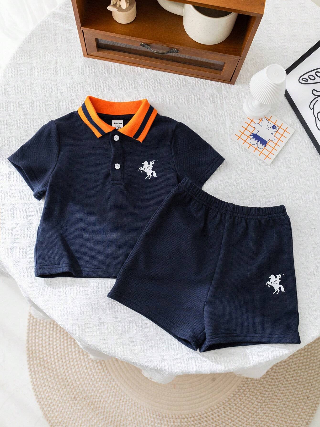 Baby Boy/Girl Cute Knitted Cartoon Color Block Polo Short Sleeve Top And Shorts