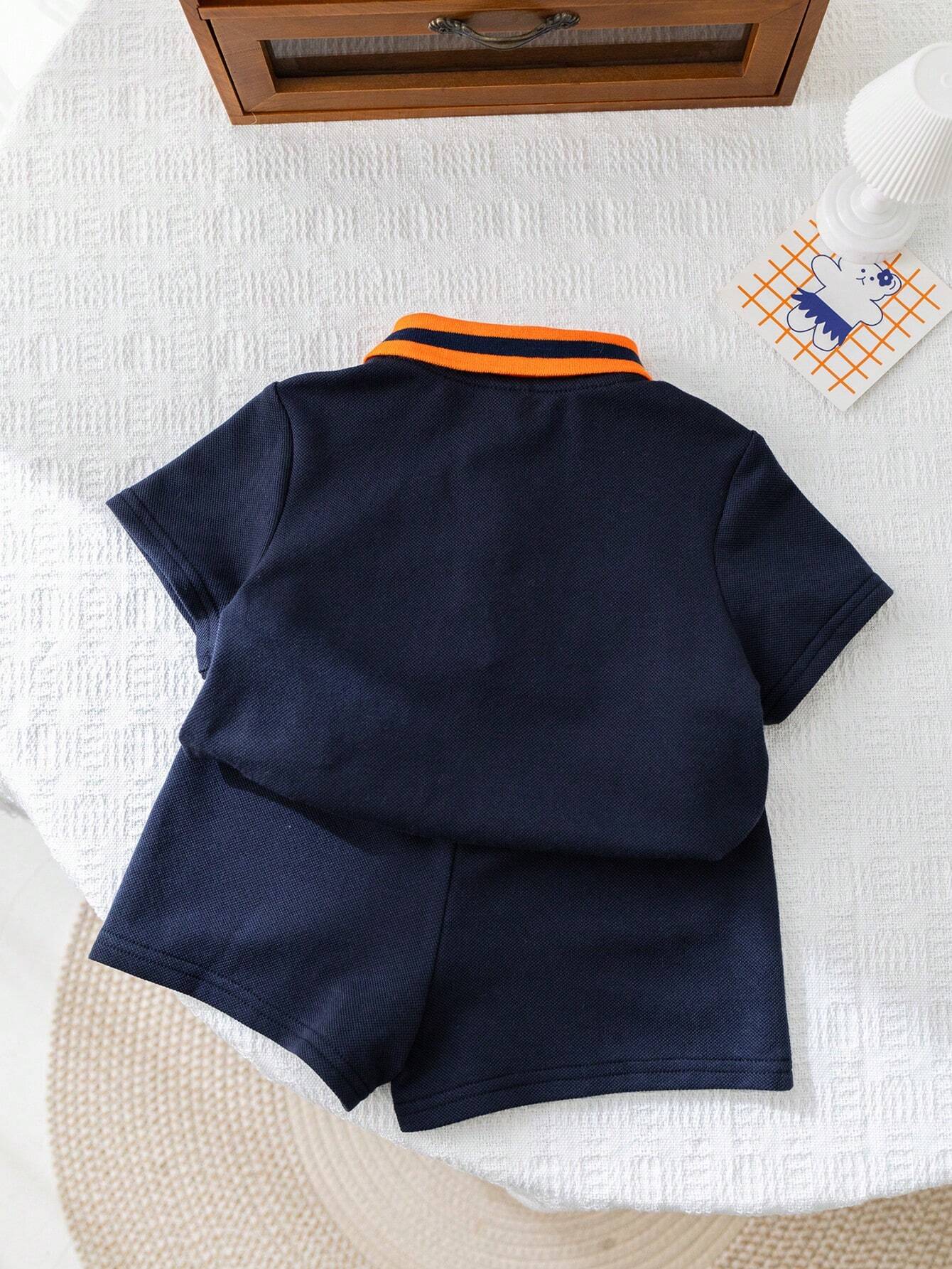 Baby Boy/Girl Cute Knitted Cartoon Color Block Polo Short Sleeve Top And Shorts