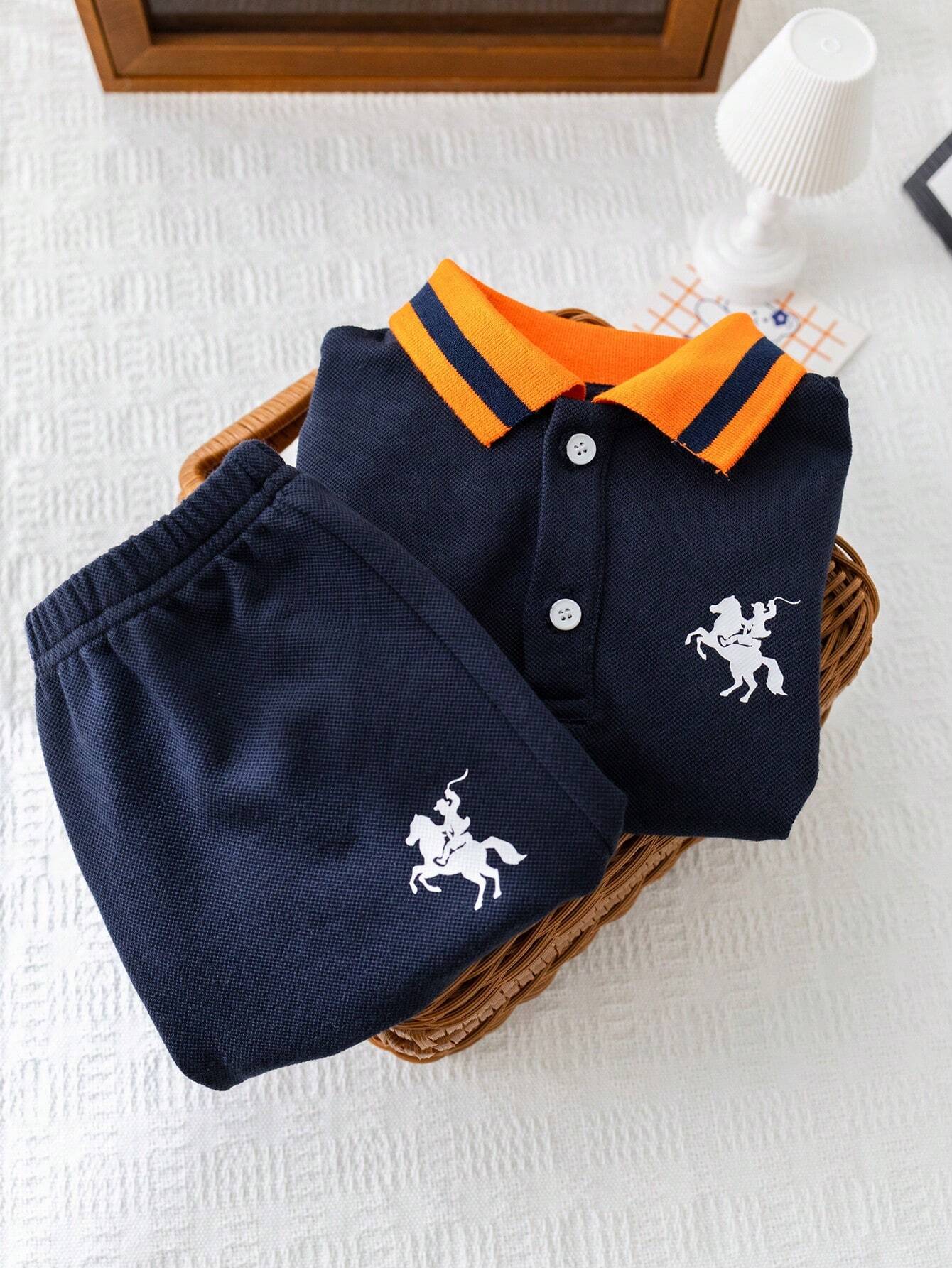 Baby Boy/Girl Cute Knitted Cartoon Color Block Polo Short Sleeve Top And Shorts Multicolor