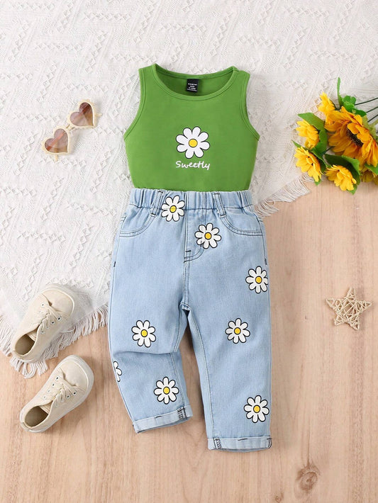 Baby Girl Holiday Style Loose Fit Elastic Waist Flower Print Straight Leg Jeans & Cute Print Soft Black Tank Top Green