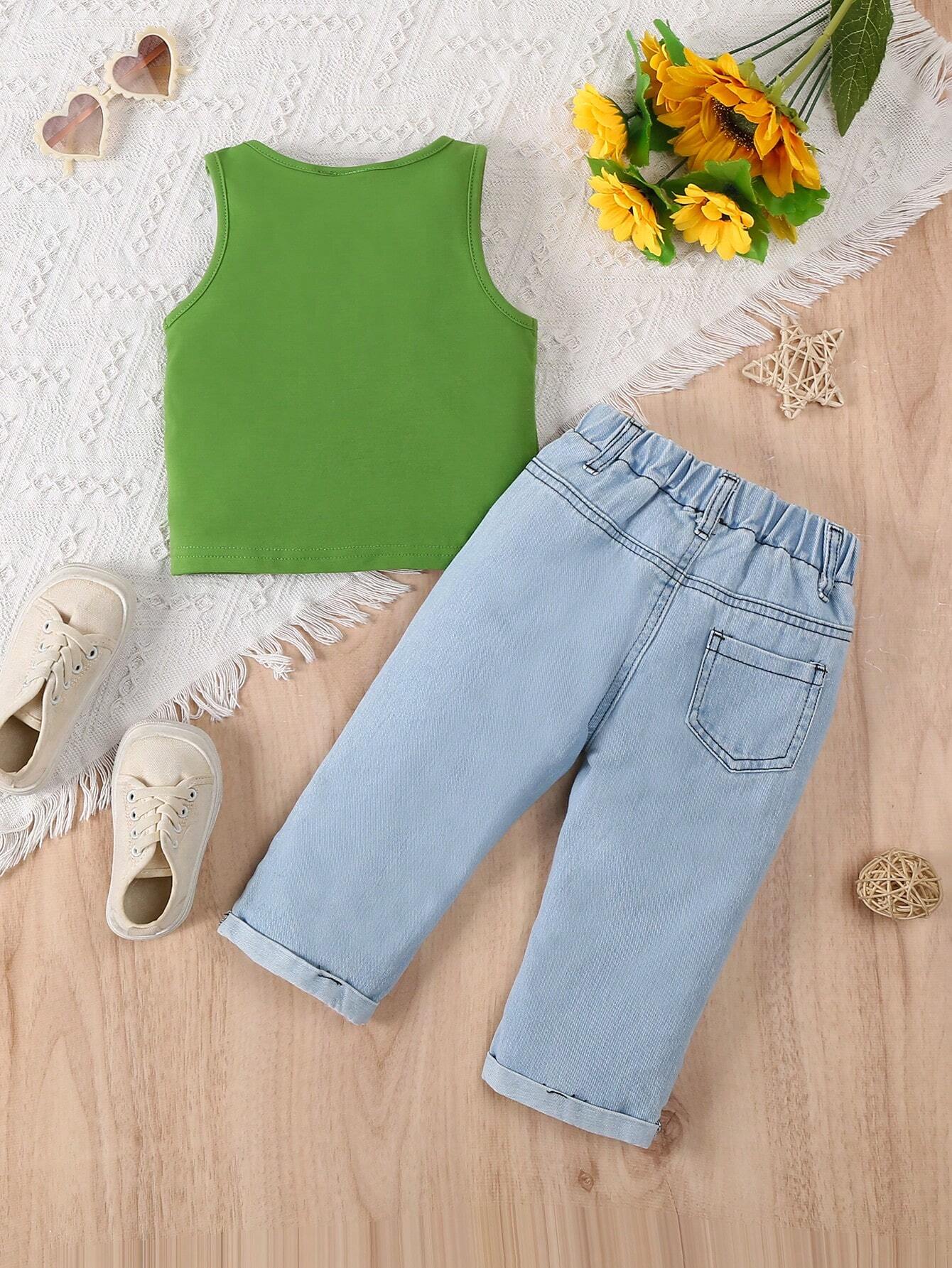 Baby Girl Holiday Style Loose Fit Elastic Waist Flower Print Straight Leg Jeans & Cute Print Soft Black Tank Top