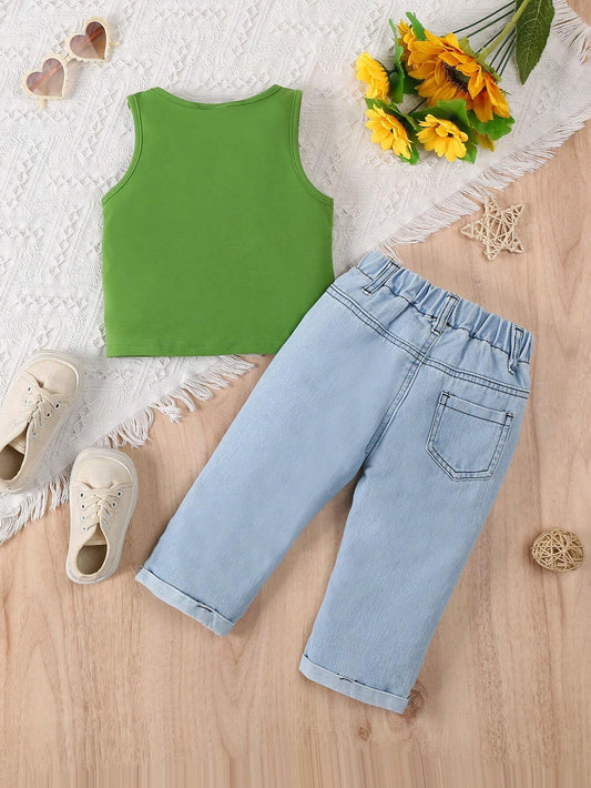 Baby Girl Holiday Style Loose Fit Elastic Waist Flower Print Straight Leg Jeans & Cute Print Soft Black Tank Top