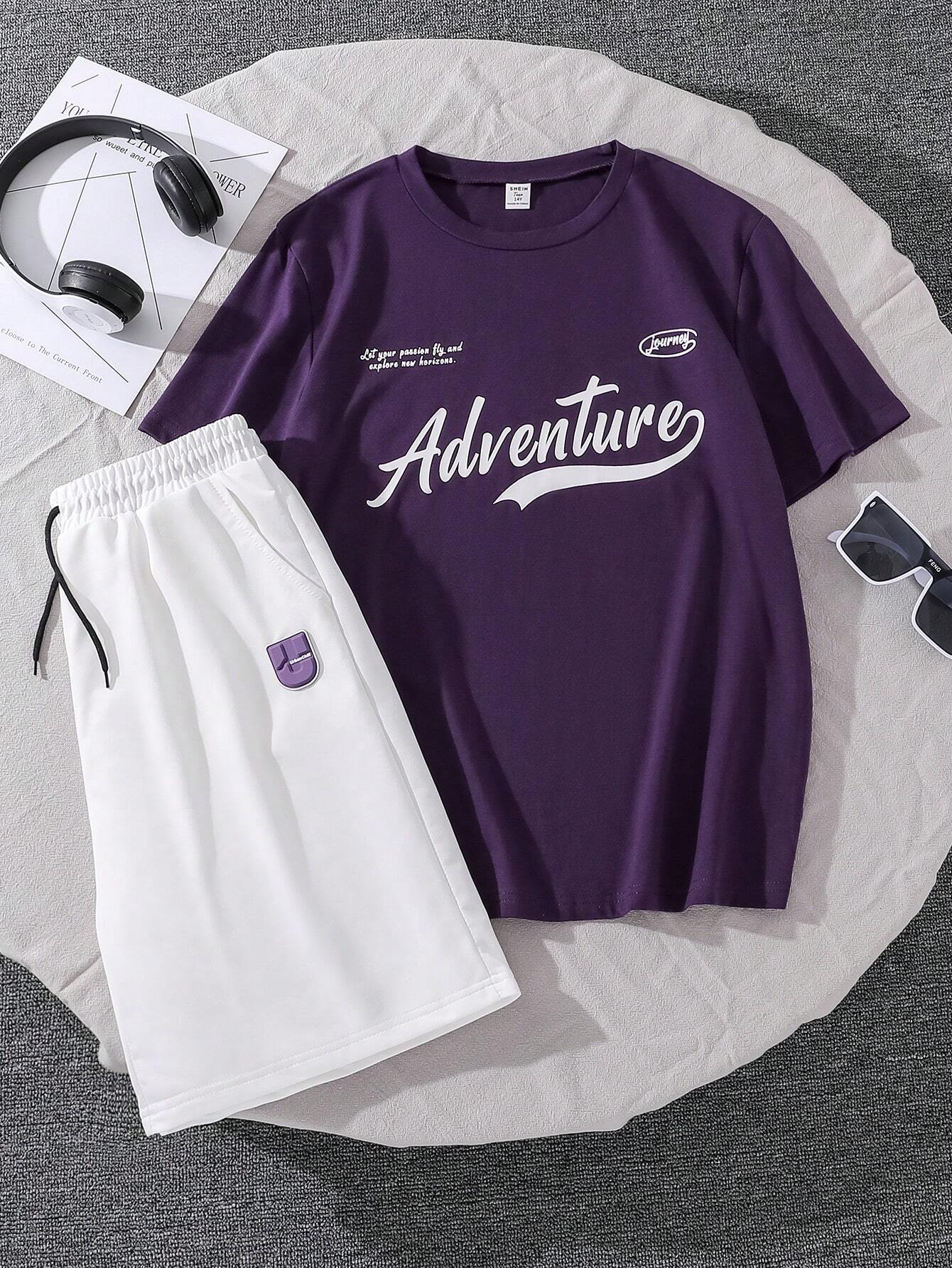 Teen Boy Fashionable Printed Short Sleeve T-Shirt And Shorts Set Purple