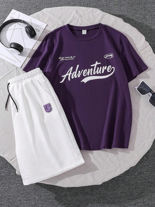 Teen Boy Fashionable Printed Short Sleeve T-Shirt And Shorts Set Purple