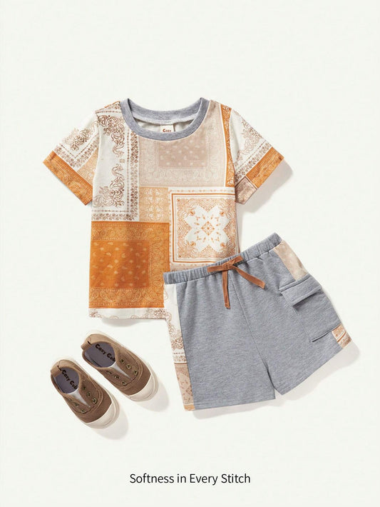 Baby Boy Traditional Pattern Color-Block Short Sleeve Pullover Top And Casual Shorts Khaki