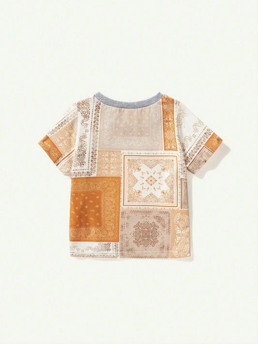 Baby Boy Traditional Pattern Color-Block Short Sleeve Pullover Top And Casual Shorts