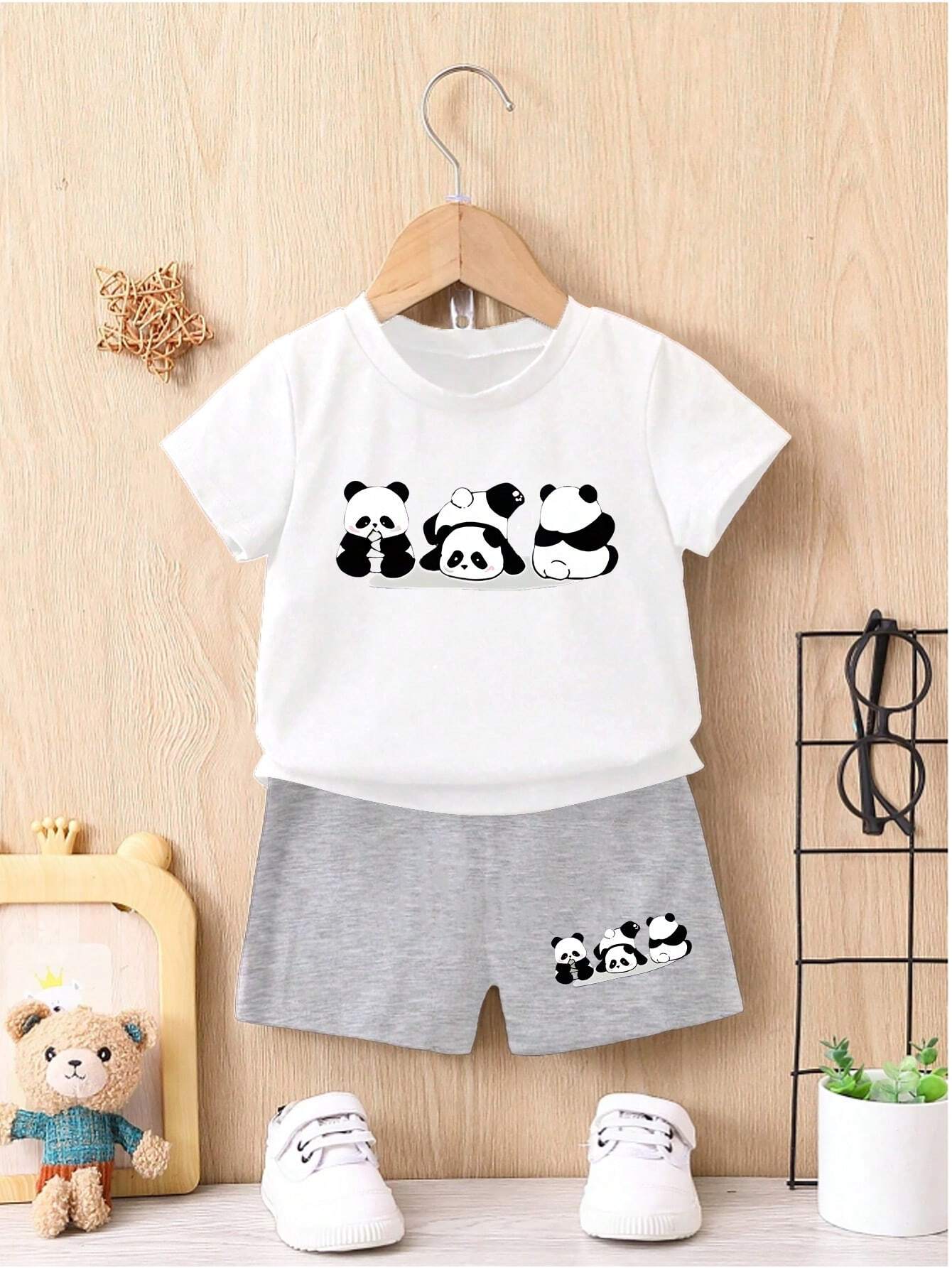 2pcs Baby Boy Casual And Sporty Outfits With Cute Panda Print Grey
