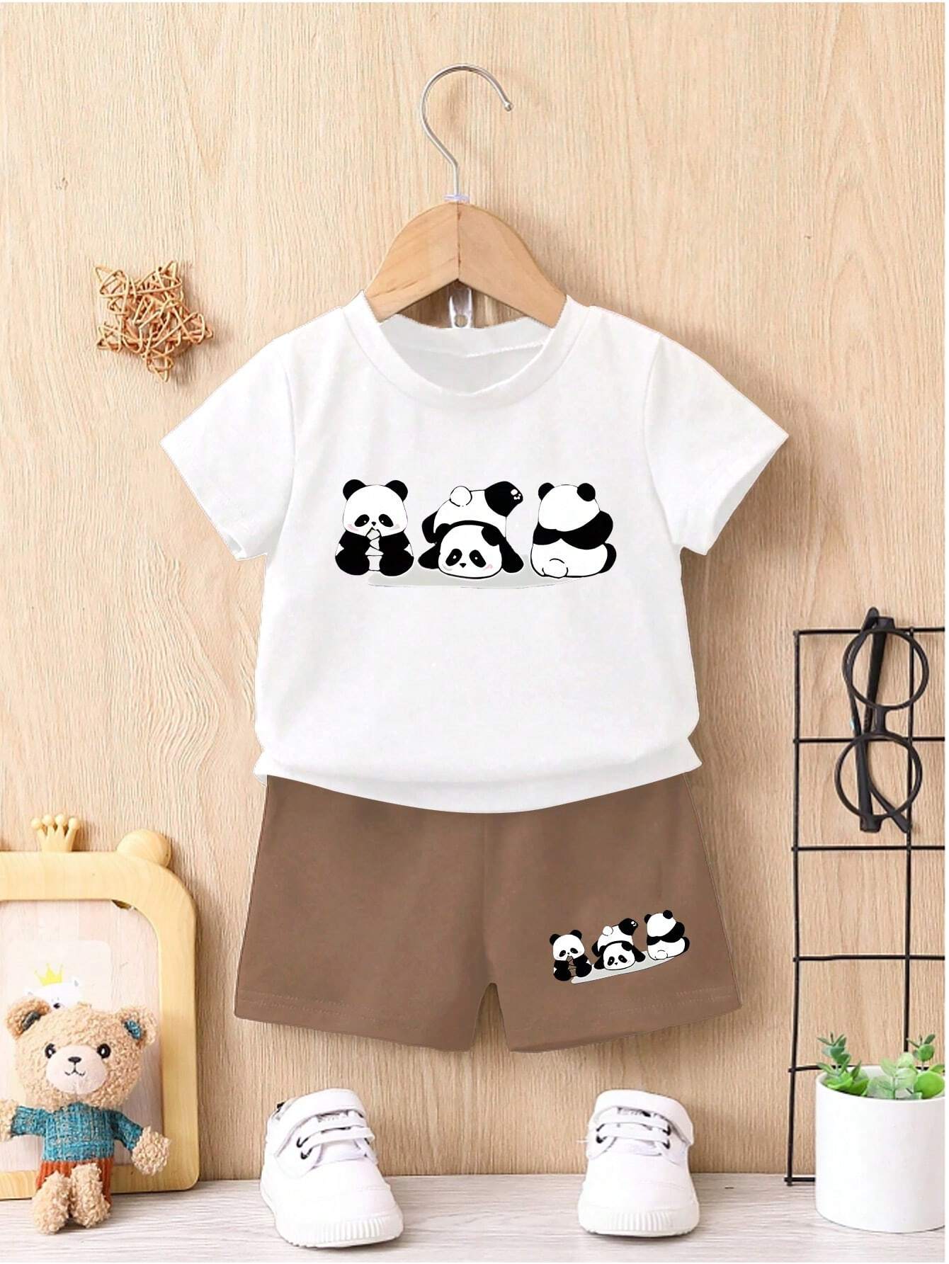 2pcs Baby Boy Casual And Sporty Outfits With Cute Panda Print Coffee Brown