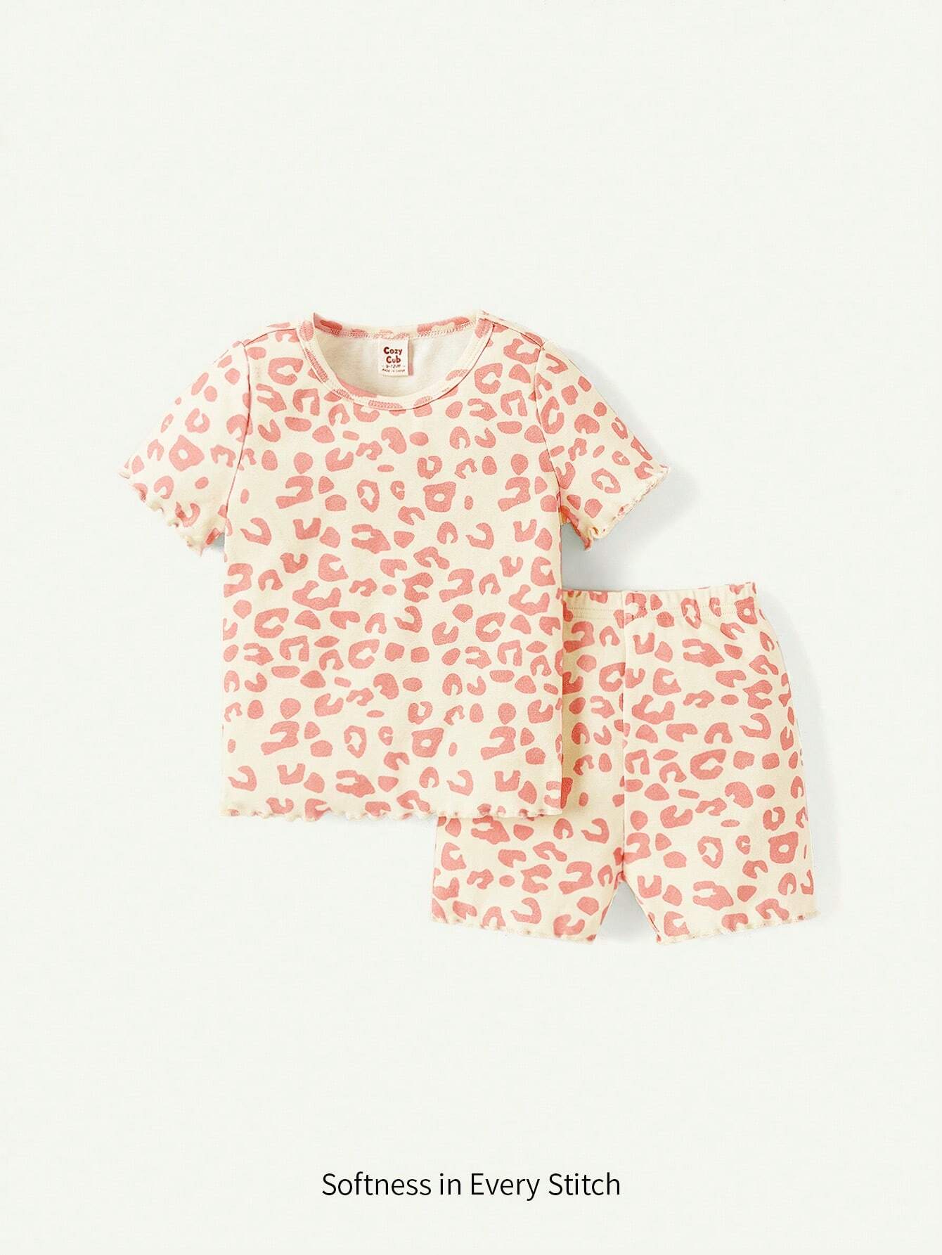 Baby Girls' Round Neck Short Sleeve Leopard Print Top And Shorts Set Matching Set Pink 2