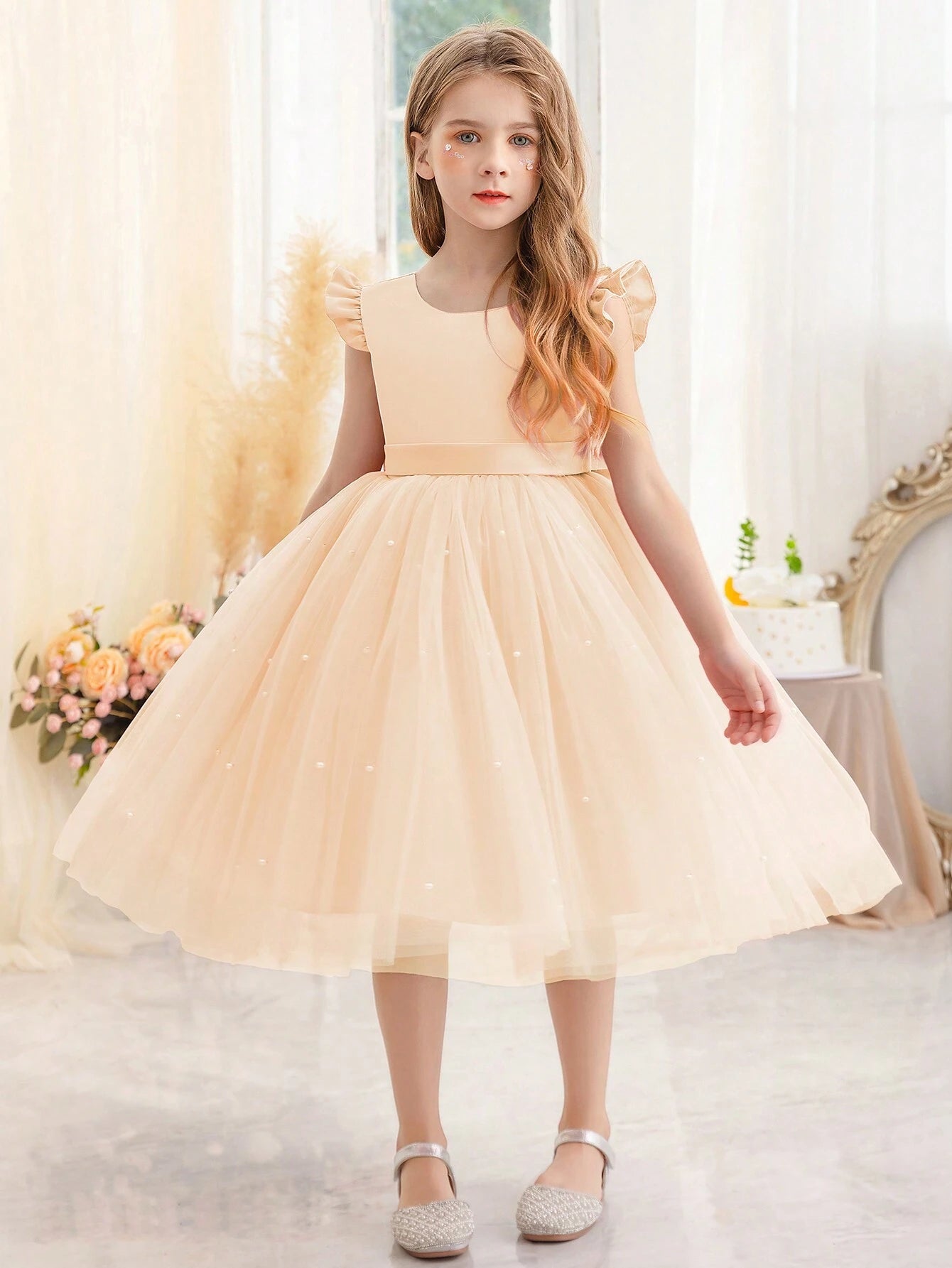 Girls' Flying Sleeve Mesh Tulle Princess Dress